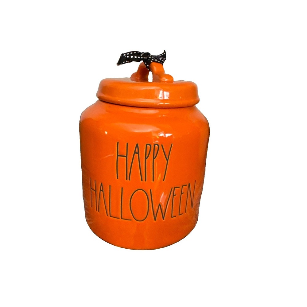 Rae Dunn HAPPY HALLOWEEN Large Chubby Orange Canister Cookie Candy Jar 8"